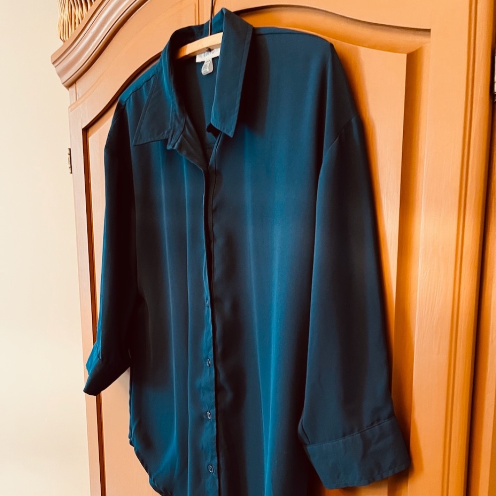 Cupio Blue Teal Button-Down Blouse 3/4 Sleeve Size Medium